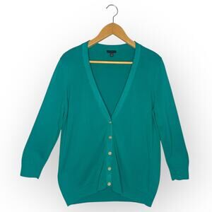 Talbots Women's Ribbon Trim 3/4 Sleeve Cardigan Sweater Size M Teal Green